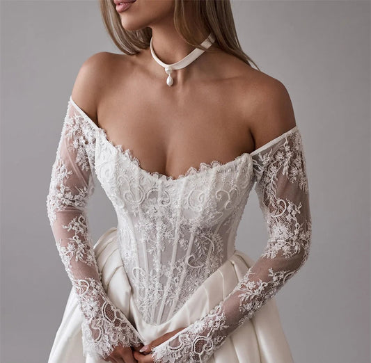 Off-Shoulder Lace Corset Satin Wedding Dress – Luxury Ball Gown with High Slit | Maison Bridal