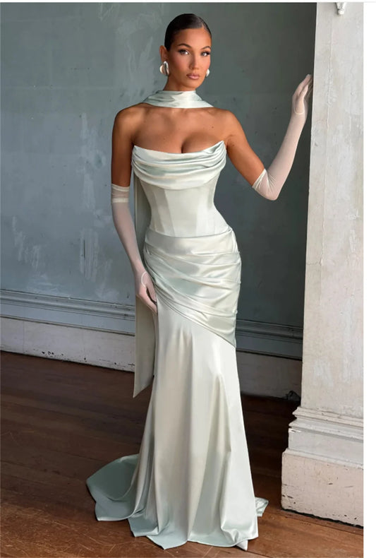 Simple Pleat Stapless Satin Sheath Wedding Dressed Wiht Long Scaf Custom Made Bridal Grown 2025 Vestido De Noival