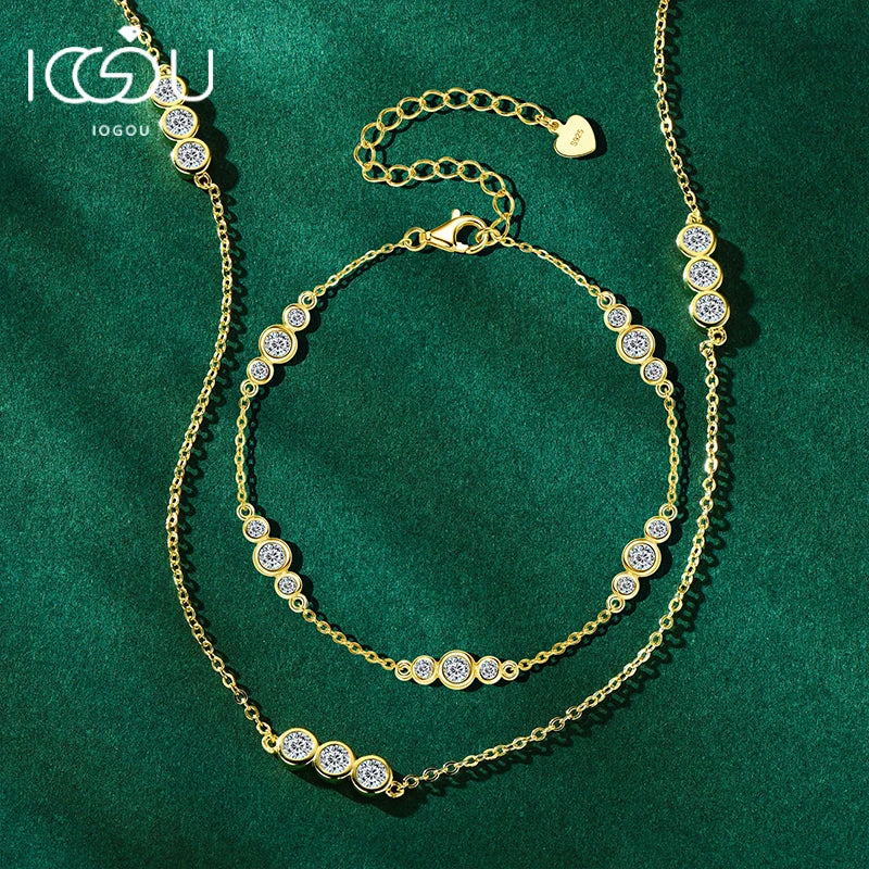 IOGOU 2025 D Moissanite Necklace And Bracelet Set 100% 925 Silver Gold Plated Jewelry Sets for Women Gifts Certified Lab Diamond