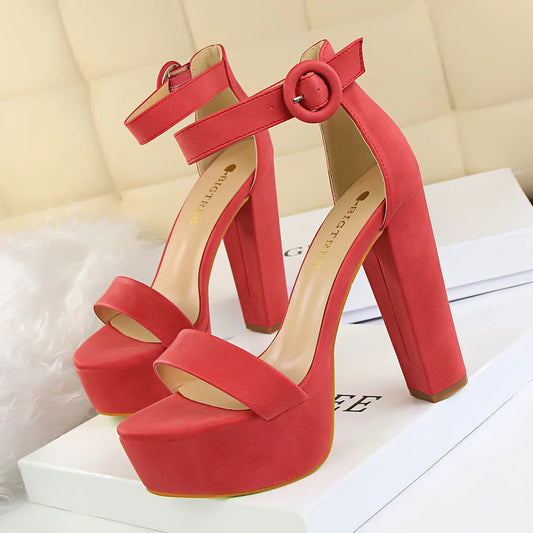 Fashion Women 13.5cm High Heels Sandles Black Nude Sexy Female Summer Sandles Cross-strap Platform Block High Heels Lady Sandals