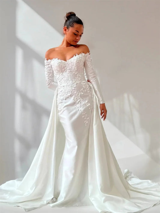Charming Off The Shoulder Lonf Sleeves Sweetahrt Lace Applique Mermaid Wedding Dresses With Detachable Train Custom Made 2026