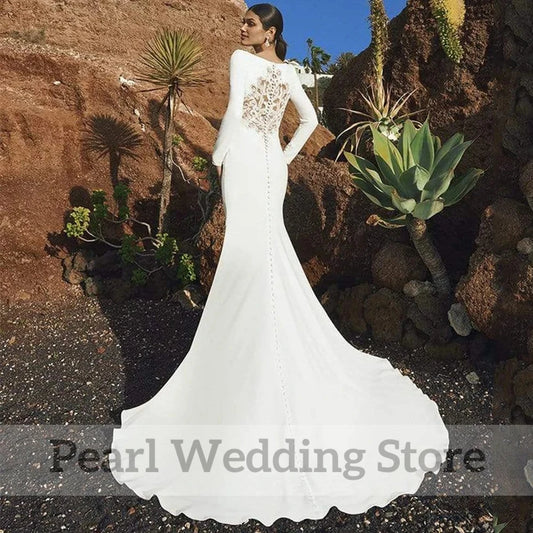 Elegant Mermaid Scoop Wedding Dresses Long Sleeve with Button Satin Bride Formal Dress Illusion Applique Back Sweep Train Custom
