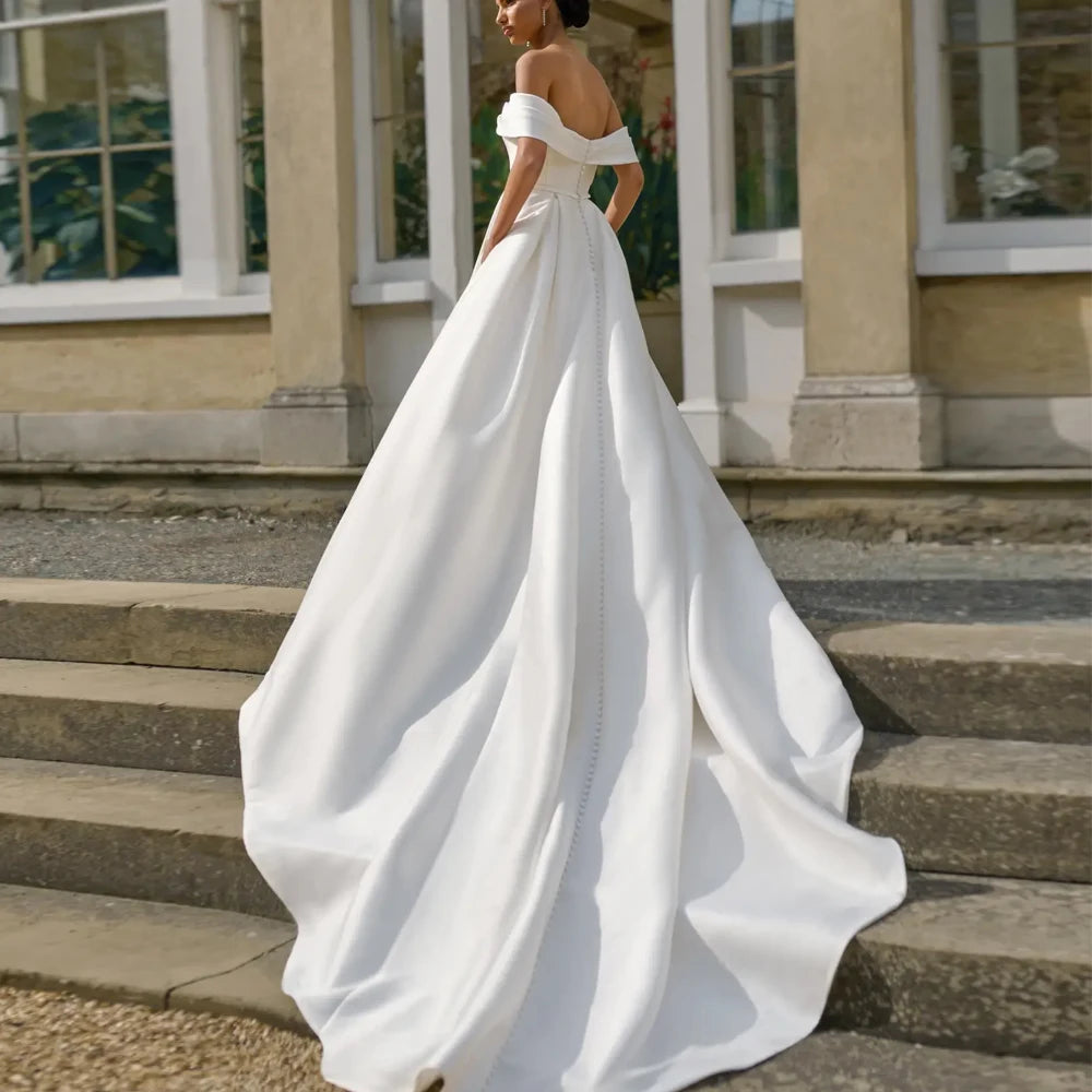 Simple Off The Shoelder Sleeves Wedding Dresses A Line Bridal Grown Zipper Back Button Customized Button Vestidos De Novia Sweep