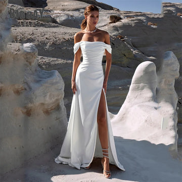 Elegant Off The Shoulder Mermaid Wedding Dress Strapless Pleat Side Slit Open Back Bridal Gown Train Vestido De Noiva Customized