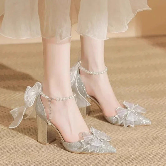 Women's Summer Shoes Wedding Party Versatile Woman High Heels Sandals Sweet Princess Beading Ankle-strap Ladies Dress Sandals