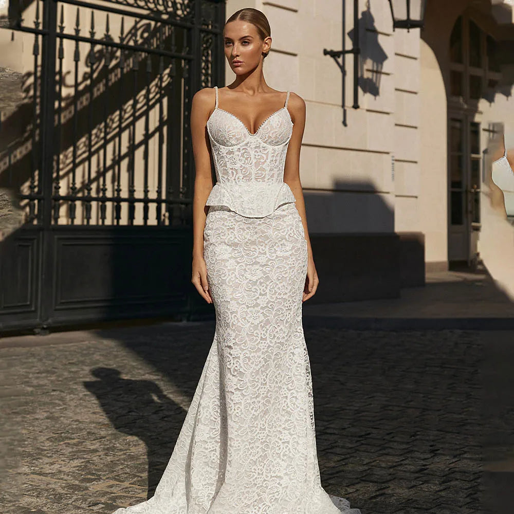 Sexy Two Straps V-neck Full Lace Shetah Two Piece Evening Dresses Custom Made 2026 Vestido De Noival