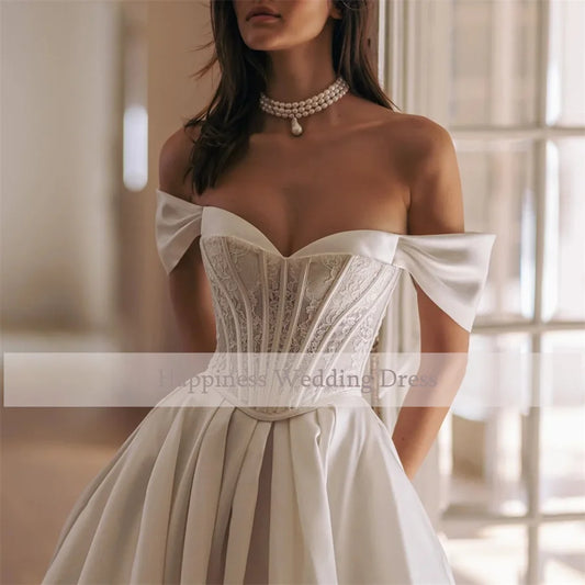 Customized Sweetheart With Lace Corset Design Cap Sleeve Wedding Dress A-Line Side Pocket Backless Lace Up Evening Gowns