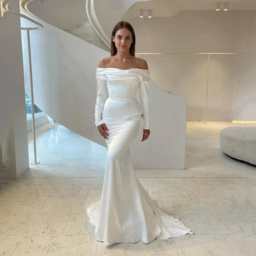 Customized Simple Satin Mermaid Long Wedding Dress Sexy Off Shoulder Formal Pleat Boat Neck Vintage BacklessZipper Bridal Grown