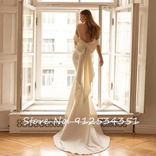 Robes De Mariage Satin Mermaid Wedding Dress Off the Shoulder Simple Trouwjurk with Bow Luxury Vestidos Novia Bridal Gowns