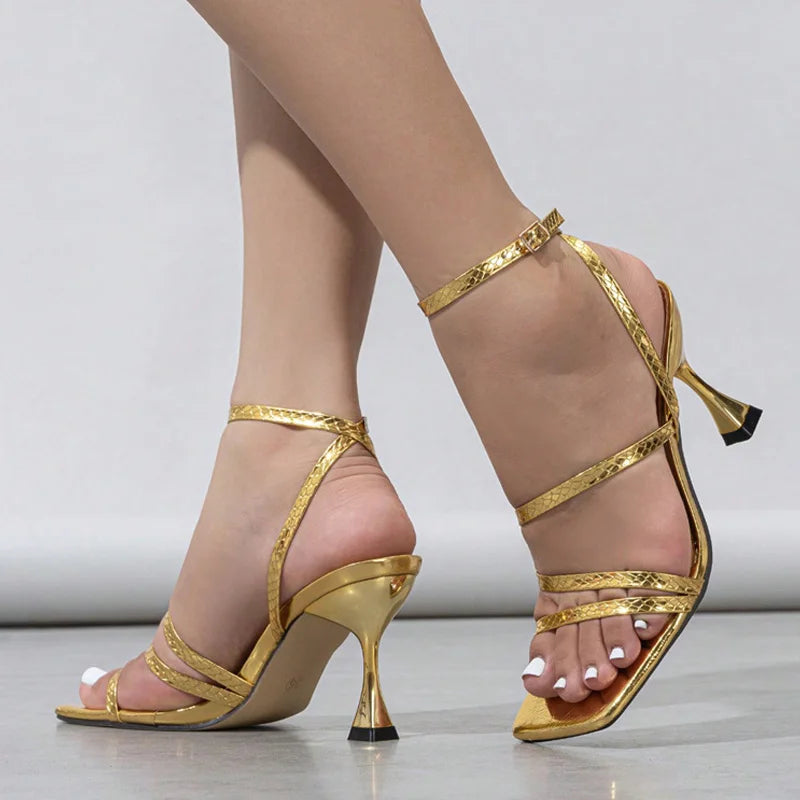 Liyke Sexy Snake Print Leather Ankle Strap Gold Sandals Women Narrow Band Square Open Toe Gladiator High Heels For Ladies Shoes