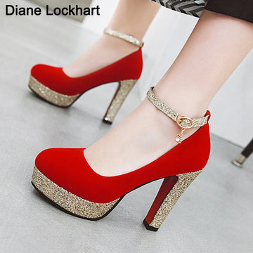New Women Platform Pumps 12cm High Chunky Heels Sequined Round Toe Wedding Party Dress Shoe Gold Ankle Strap Ladies Danc Shoes