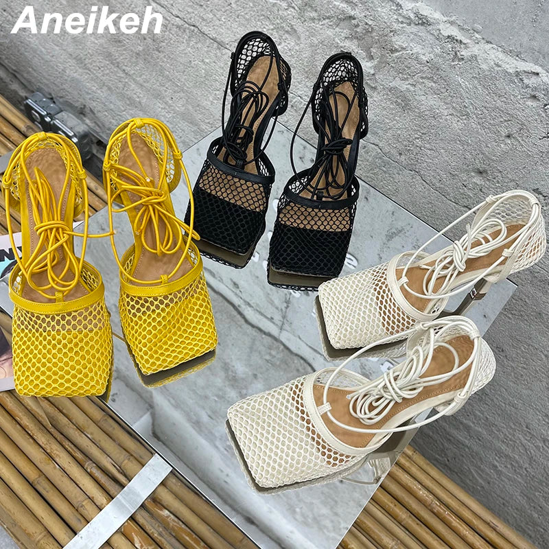 Aneikeh 2025 Summer Sexy Mesh Pumps Sandals Female Square Toe High Heel Lace Up Cross-Tied Stiletto Hollow Dress Party Shoes