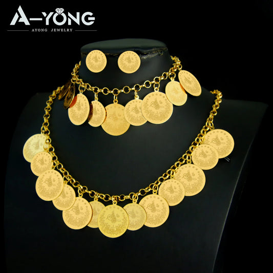 Luxury Saudi Gold Color Coins Necklace Set 21k Gold Plated Muslim Fashion Chokers Dubai Women Wedding Party Jewelry