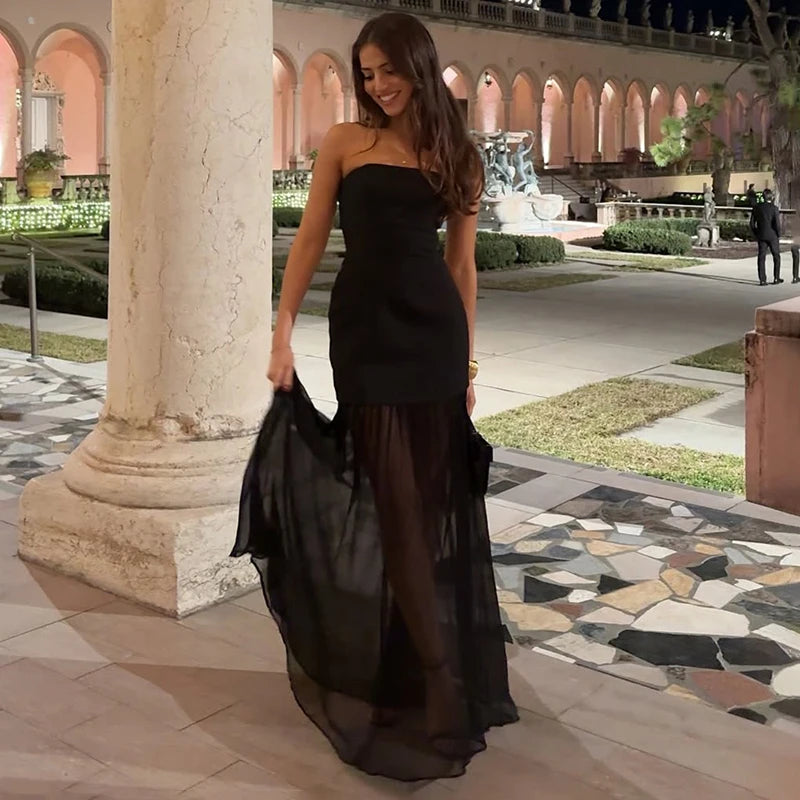 Tornova Sexy Strapless Split Long Dress For Women Mesh Splice Retro Elegant Party Dress Sleeveless Summer Vacation Dress Female