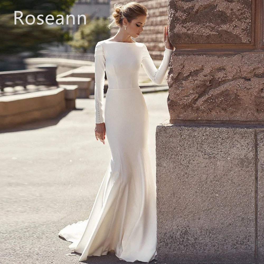 Customized Muslim High Quality Ivory Mermaid Wedding Dresses O-Neck Button Satin Draped Pleat Full Bride Gown robe de mariée