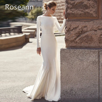 Customized Muslim High Quality Ivory Mermaid Wedding Dresses O-Neck Button Satin Draped Pleat Full Bride Gown robe de mariée