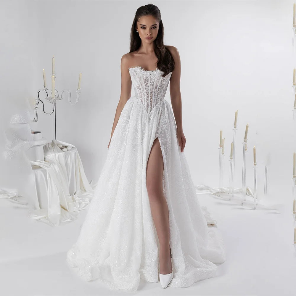 New Sweethart Lace Bridal Grown  A Line Wedding Dresses With Long Rubbon Side Slit Custom Made 2026 Vestido De Noival