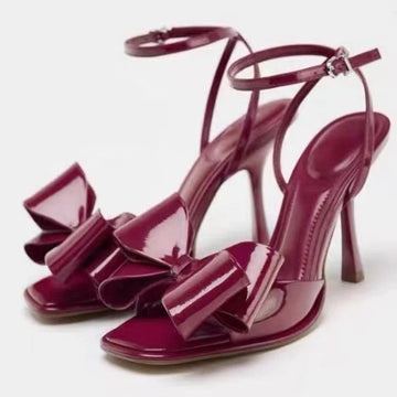 Sexy Patent Leather High Heels Ladies Butterfly-knot Square Toe Sandal Women Fashion Brand Wedding Party Dress Shoes Women Pumps