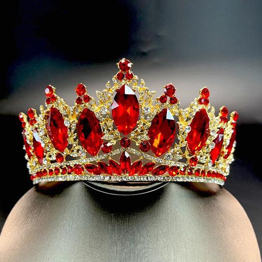 Classic Baroque Red Crystal Crown Wedding Large Luxury Water Diamond Shining Princess Crown Banquet Birthday Ball Hair Jewelry
