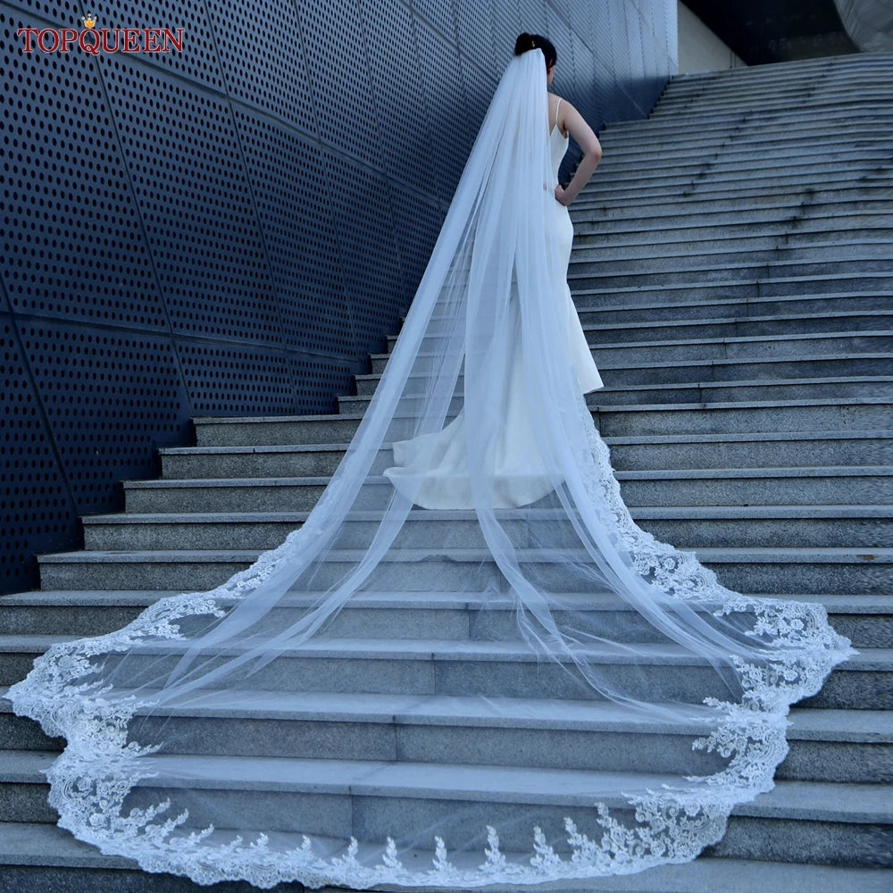 TOPQUEEN Long Bridal Veil Cathedral Wedding Veil Bride 4 Meters Spanish Mantilla Lace Tulle Embroidered Bride Accessories V137