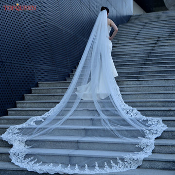 TOPQUEEN Long Bridal Veil Cathedral Wedding Veil Bride 4 Meters Spanish Mantilla Lace Tulle Embroidered Bride Accessories V137