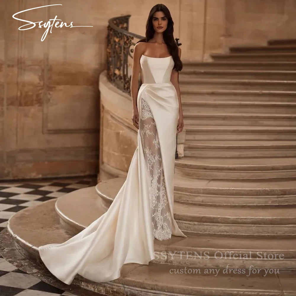 SSYTENS Mermaid Wedding Dresses Strapless Floor Length Satin Wedding Gowns Lace Long Boho Beach Bridal Prom Dresses Customized