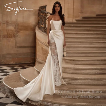 SSYTENS Mermaid Wedding Dresses Strapless Floor Length Satin Wedding Gowns Lace Long Boho Beach Bridal Prom Dresses Customized