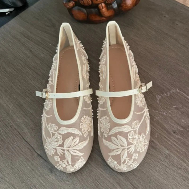 Floral Embroider Mesh Mary Janes Shoes Lady Luxury Designer Footwear Comfortable Summer Light Daily Walking Women Ballet Flats