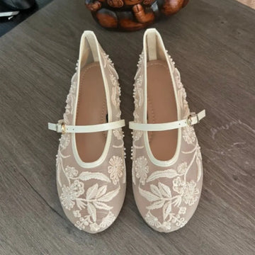 Floral Embroider Mesh Mary Janes Shoes Lady Luxury Designer Footwear Comfortable Summer Light Daily Walking Women Ballet Flats
