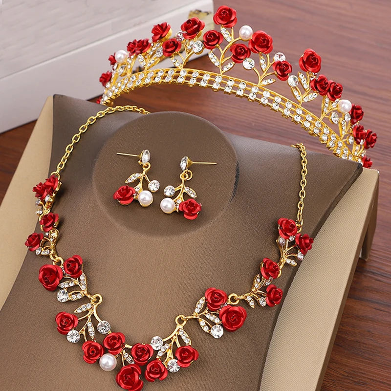 luxury queen women diadem bridal hair accessories crystal princess tiara red rose flower crown for wedding party