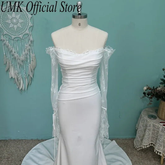 UMK Fashion Off The Shoulder Mermaid Wedding Dress 2025 Sexy Lace Flare Sleeve Boho Bridal Dresses Elegant customized