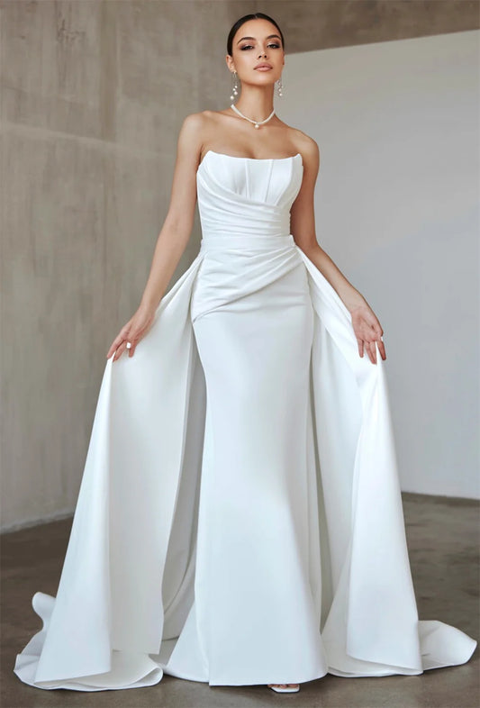 Popular Scoop Neckline Pleat Mermaid Wedding Dresses With Detachable Train Custom Made 2026 Rode De Morrie
