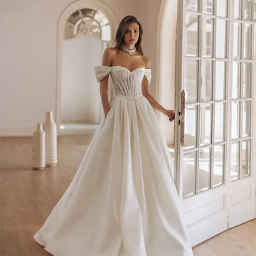 Customized Sweetheart With Lace Corset Design Cap Sleeve Wedding Dress A-Line Side Pocket Backless Lace Up Evening Gowns