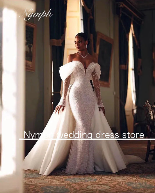 Luxury Detachable 2 In 1Train Wedding Dress Lace Sequins V Neck customiz Full Sleeve Vintage Bride Gown Mermaid Vestido De Novia
