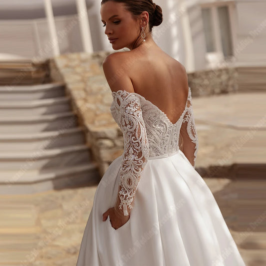 Celebrity A-Line Wedding Dress For Women Off Shoulder Long Sleeves Prom Gowns Formal Lace Applique Vestidos De Novias Customized