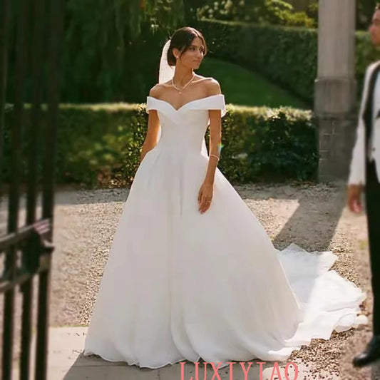 Wedding Dresses A Line Women Off The Shoulder Satin Classy Bride Party Dress Bespoke vestidos de novia Bridal Gown Customized