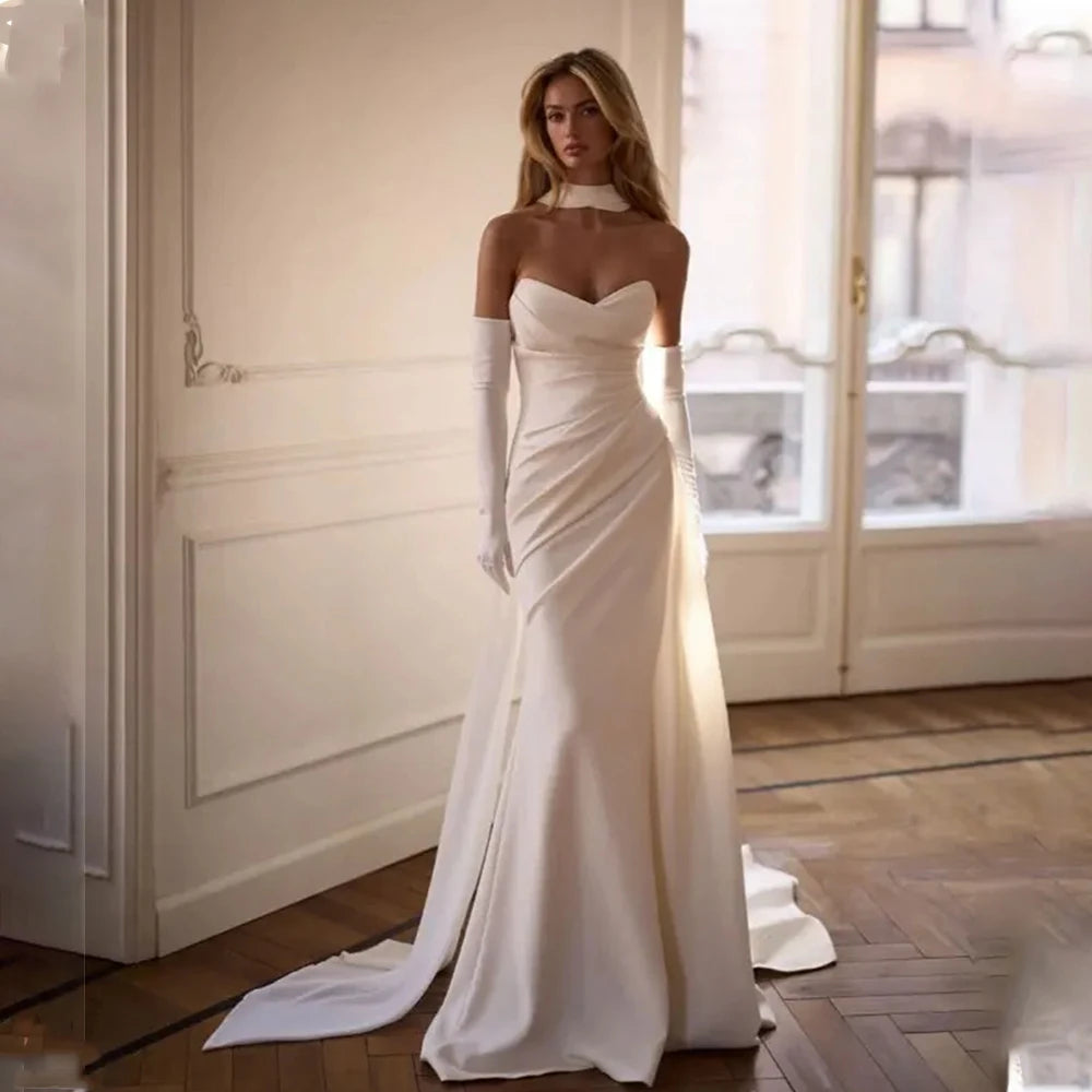 Custom Made Pleat Sweethart Satin Mermaid Wedding Dresses With Long Scalf Custom Made 2026 Rode De Morrie