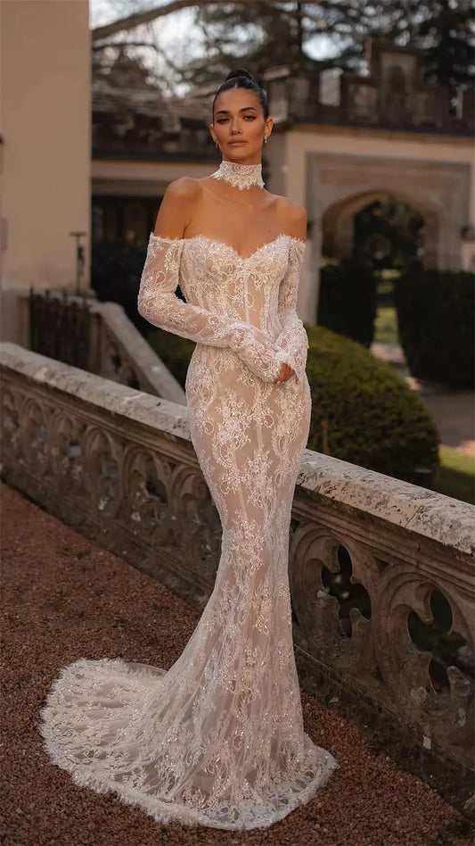 Sexy Long Sleeves Full Sleeves Full Lace Handmade Beaded Sheath/Mermaid Wedding Dresses Custom Made 2026 Vestido De Noival