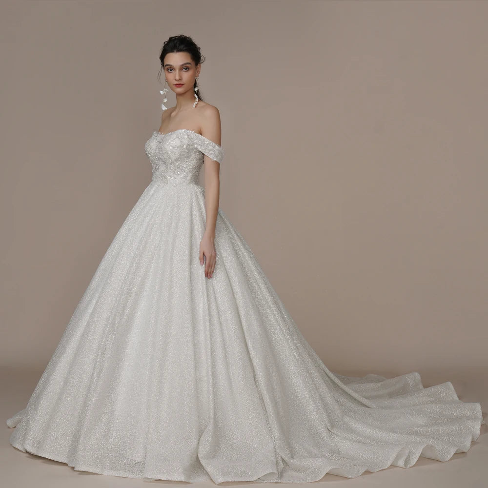 BEPEITHY Customized Luxury Strapless A Line Glitter Wedding Dresses Off The Shoulder Women Ivory Bling-Bling Bride Bridal Gown