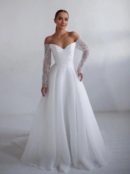 Shiny Long Sleeves Pleat Sweethart Bridal Grown A Line Wedding Dresses Custom Made 2026 Vestido De Noival