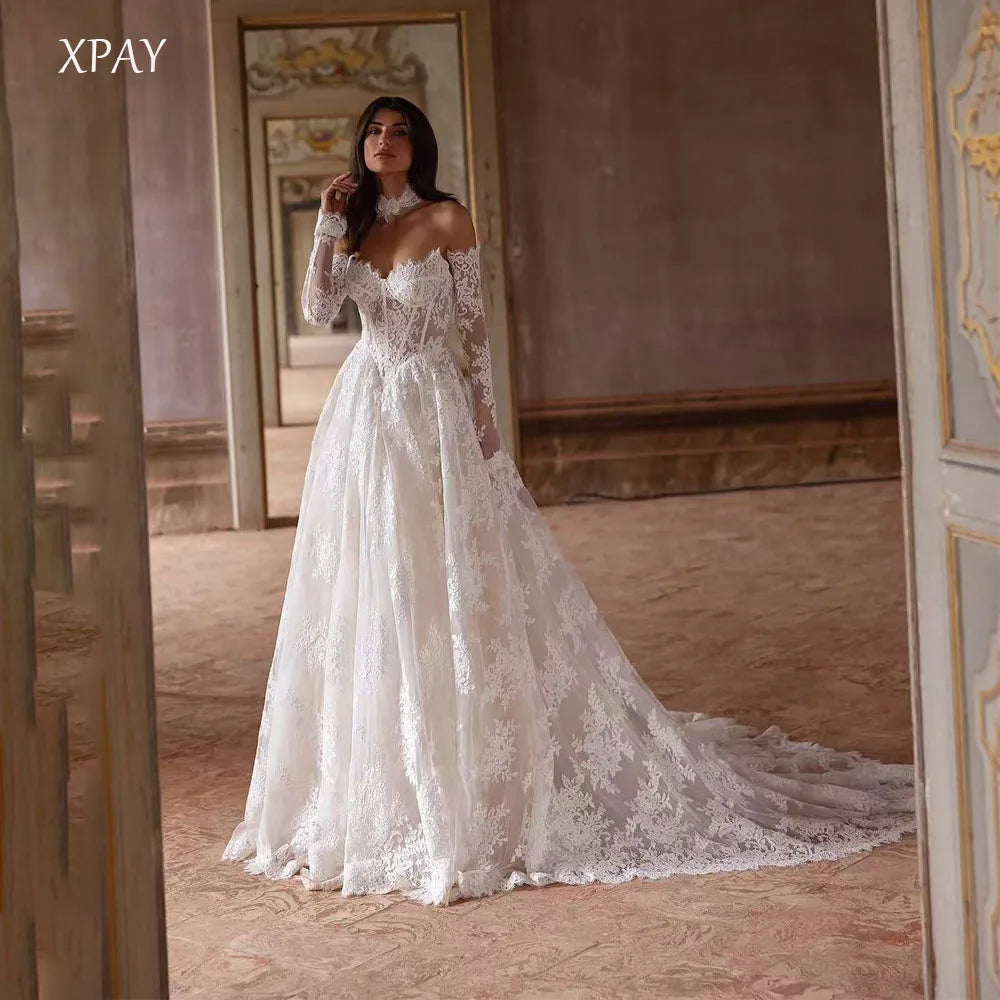 XPAY Sweetheart Long Sleeves Wedding Dresses 2025 Lace Appliques Train Bridal Gown Backless Draped Luxury Bride Dress New Dress