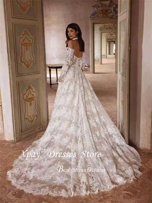 XPAY Sweetheart Long Sleeves Wedding Dresses 2025 Lace Appliques Train Bridal Gown Backless Draped Luxury Bride Dress New Dress