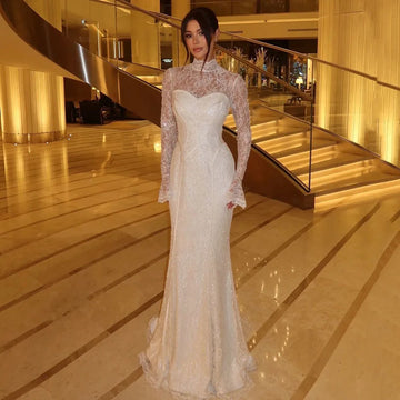Customized Lace Mermaid Wedding Dress 2025 Long Sleeve High Neck Corset Bridal Gown Elegant Sparkling Bride Dress for Women