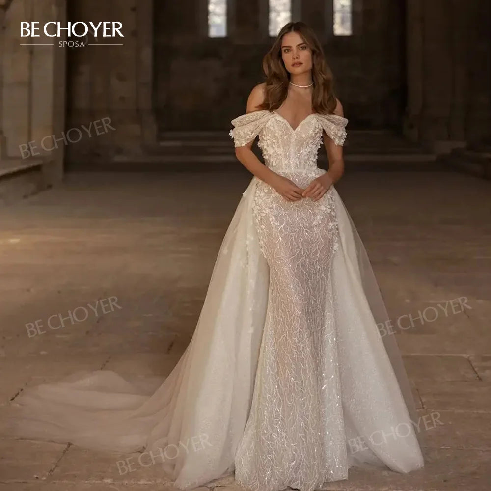 Sleeveless Wedding Dress 2025 Off the Shoulder Mermaid Detachable Train Bride Gown customized BECHOYER EL278 Vestido de Noiva