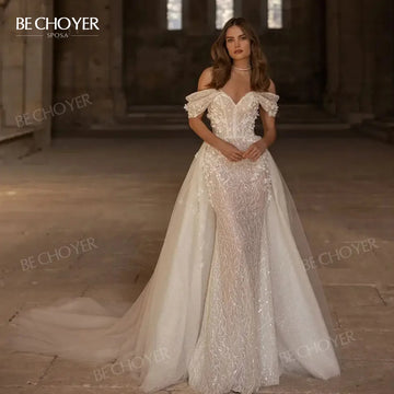 Sleeveless Wedding Dress 2025 Off the Shoulder Mermaid Detachable Train Bride Gown customized BECHOYER EL278 Vestido de Noiva