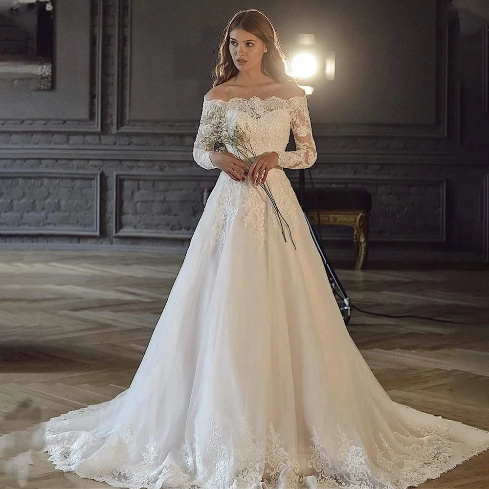 Vintage Off The Shoulder  Long Sleeves Lace Applique  A Line Wedding Dresses Sweep Train 2025 Vestido De Noival