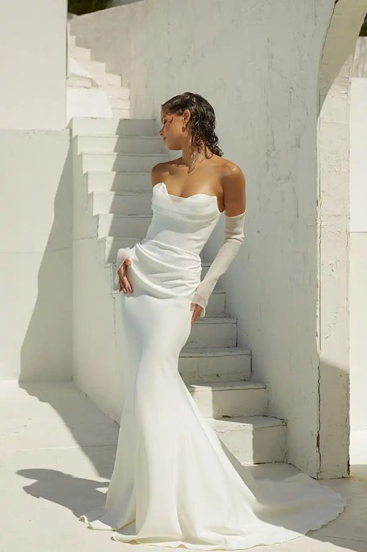 Sexy V-neck Pleat Soft Satin Sheat/Mermaid Wedding Dresses Custom Made Bridal Grown Detachable Long Sleeves  Vestido De Noival