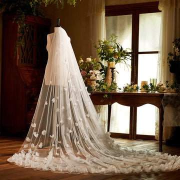 Romantic 1 Tier Cathedral Train Floral 3D Flowers Bridal Wedding Veil Soft Tulle Marriage Bridal Veil with Comb