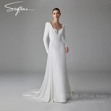 SSYTENS Simple Civil Wedding Dresses Satin Open Back Customized Long Sleeves Bridal Gowns Bride Dress Royal Engagement Dress