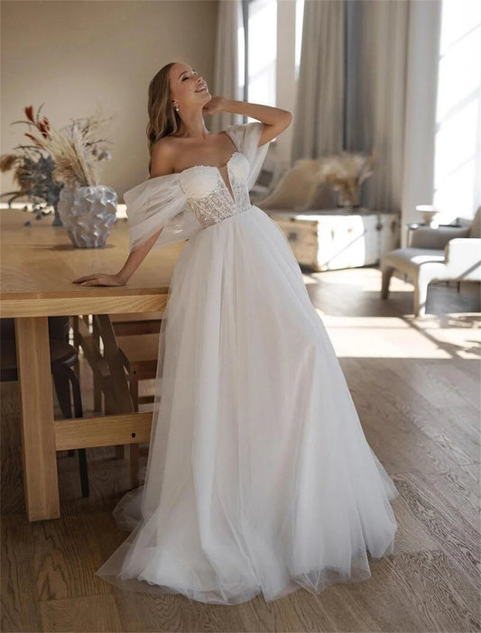 Luxury Off-the-Shoulder Sweetheart Neckline A-Line Dress - Handmade Lace Applique Wedding Gown"